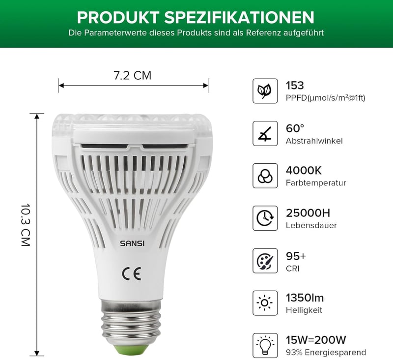SANSI LED Növénylámpa 15W E27 Teljes Spektrumú Fehér Fény 4000K Beltéri Növényekhez Virágokhoz Zöldségekhez Gyümölcsökhöz