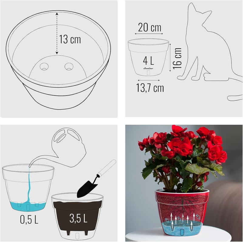 Santino ASTI 20 cm önöntöző virágcserép vízszintjelzővel fehér/fekete - Ø 20cm, 2-White / Black