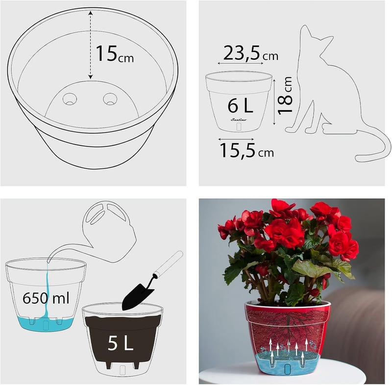 Santino ASTI 6L önöntöző virágcserép vízszintjelzővel, 23,5 cm, fehér/fekete - 3-6L, 2-White / Black