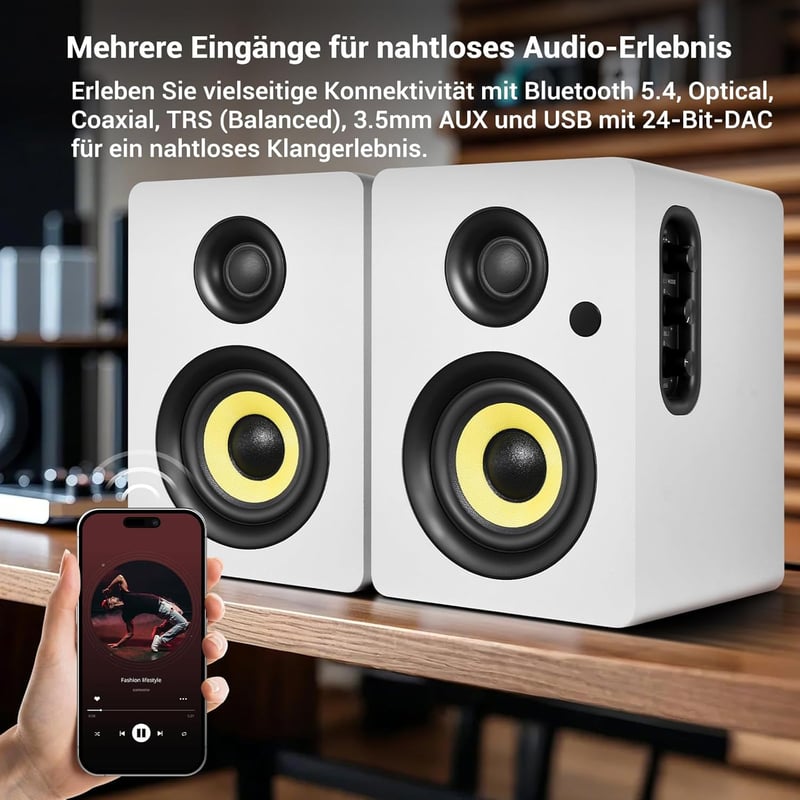 Sanyun SW206 80W Aktív Polc Hangfal - Studio Monitor és HiFi Mód, Bluetooth 5.0 - 4", SW206 White