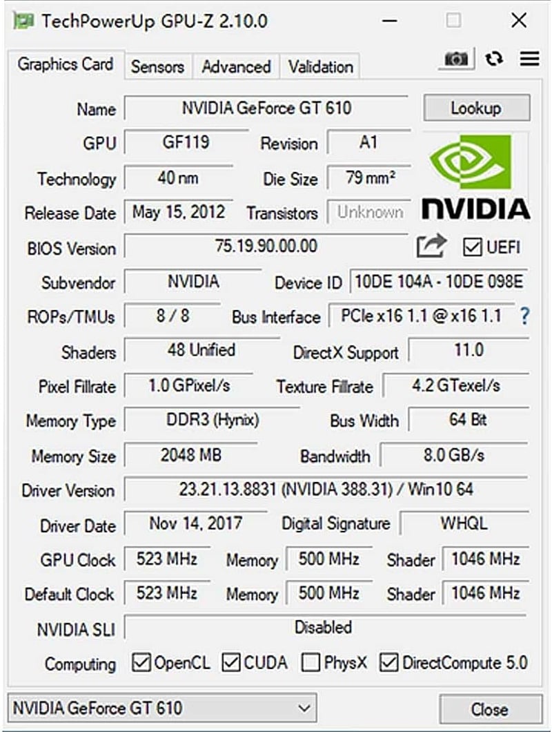 SAPLOS GeForce GT 610 2GB DDR3 Grafikus Kártya VGA HDMI Low Profile