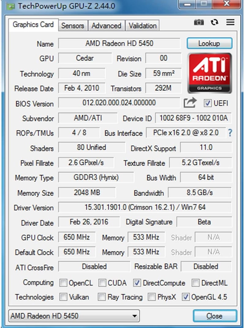 SAPLOS Radeon HD 5450 2GB DDR3 Grafikus Kártya Low Profile DVI HDMI VGA