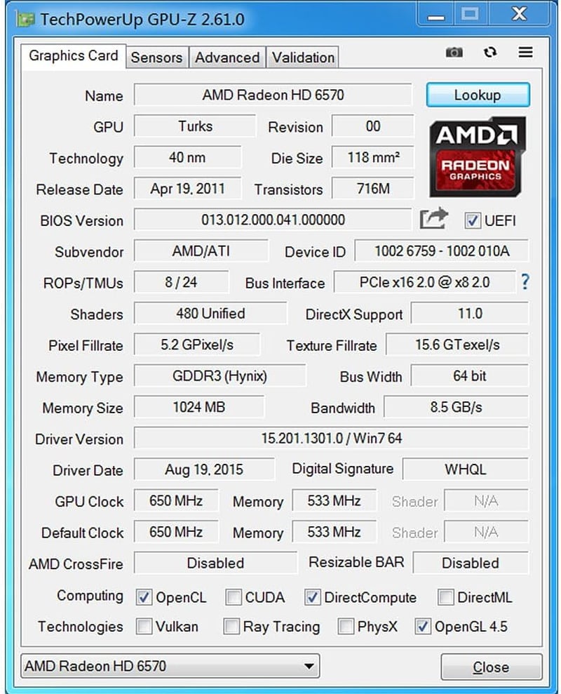 SAPLOS Radeon HD 6570 1GB GDDR3 Grafikus Kártya Low Profile PCI Express