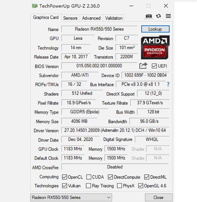 SAPLOS Radeon RX 550 4GB GDDR5 Alacsony Profil Videokártya HDMI DVI-D
