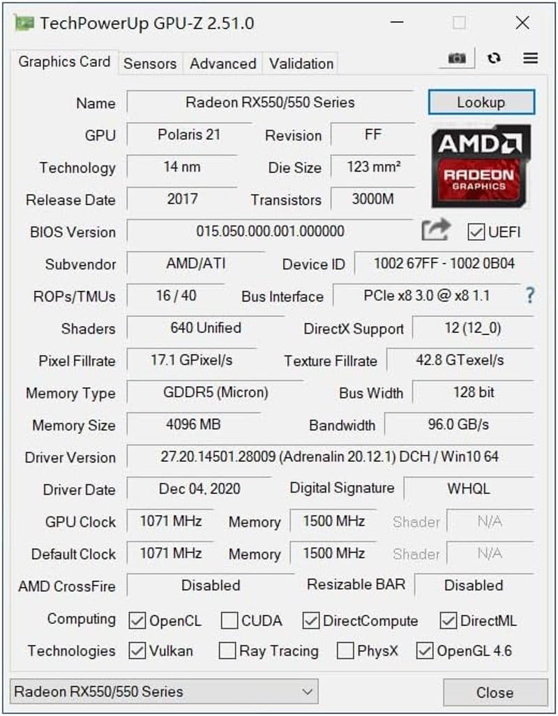 SAPLOS Radeon RX 550 4GB GDDR5 Grafikus Kártya ITX, DisplayPort HDMI DVI-D