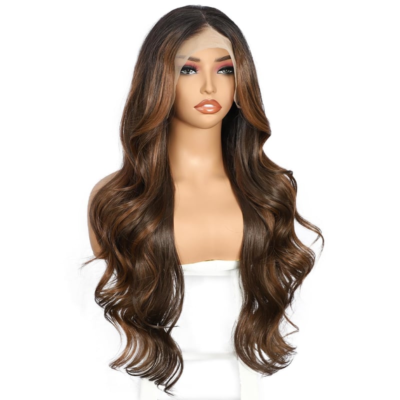 Sapphirewigs Barna Balayage Paróka - 13x4 Csipke Első Hullámos Szintetikus Paróka, Hőálló, Ragasztómentes, Állítható Méret, Természetes Hatá
