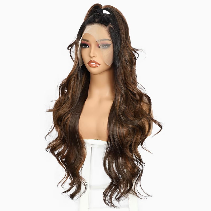 Sapphirewigs Barna Balayage Paróka - 13x4 Csipke Első Hullámos Szintetikus Paróka, Hőálló, Ragasztómentes, Állítható Méret, Természetes Hatá