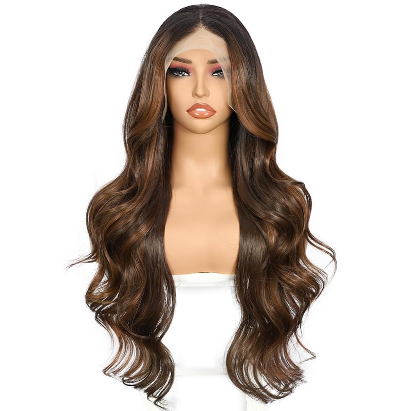 Sapphirewigs Barna Balayage Paróka - 13x4 Csipke Első Hullámos Szintetikus Paróka, Hőálló, Ragasztómentes, Állítható Méret, Természetes Hatá