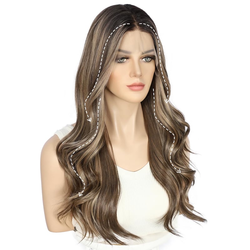 Sapphirewigs barna csipke eleje szintetikus paróka 55cm hullám előplukált - dark brown