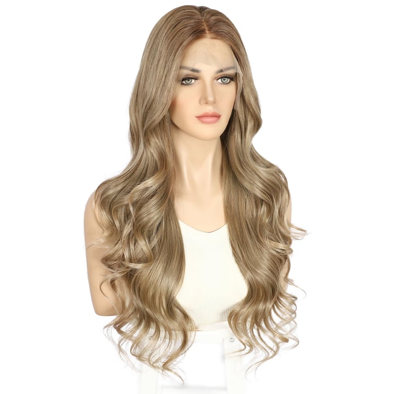 Sapphirewigs Barna Csipke Első Paróka - Hullámos Szintetikus Haj, 13x4 Átlátszó Csipke, Hőálló, Természetes Balayage, 66 cm, Állítható Méret