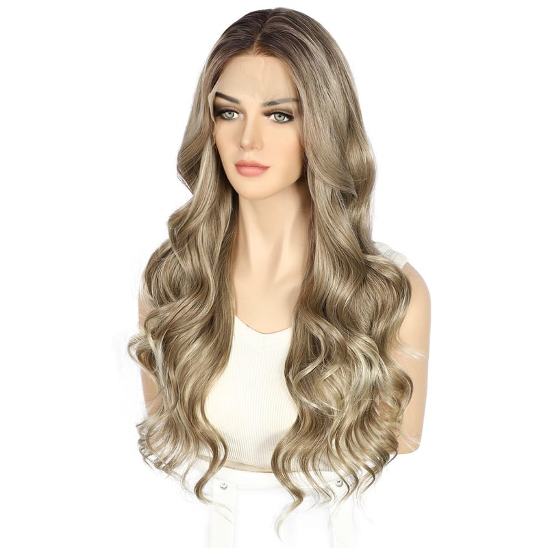 Sapphirewigs Barna Melírozott Csipke Első Paróka - Hullámos Szintetikus Haj, 66 cm, 150% Sűrűség, Természetes Megjelenés, Átlátszó Csipke