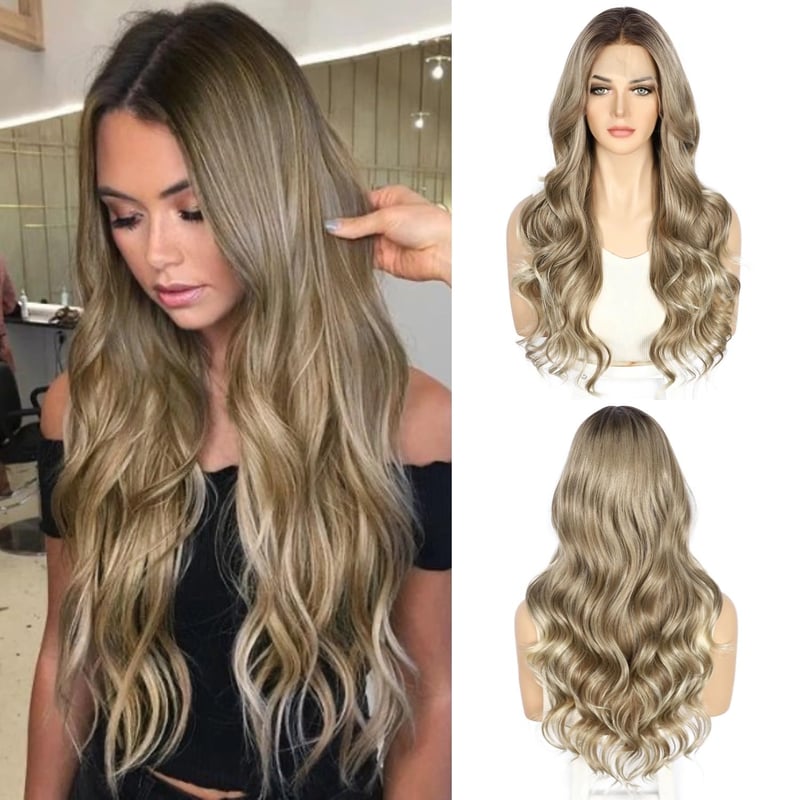 Sapphirewigs Barna Melírozott Csipke Első Paróka - Hullámos Szintetikus Haj, 66 cm, 150% Sűrűség, Természetes Megjelenés, Átlátszó Csipke