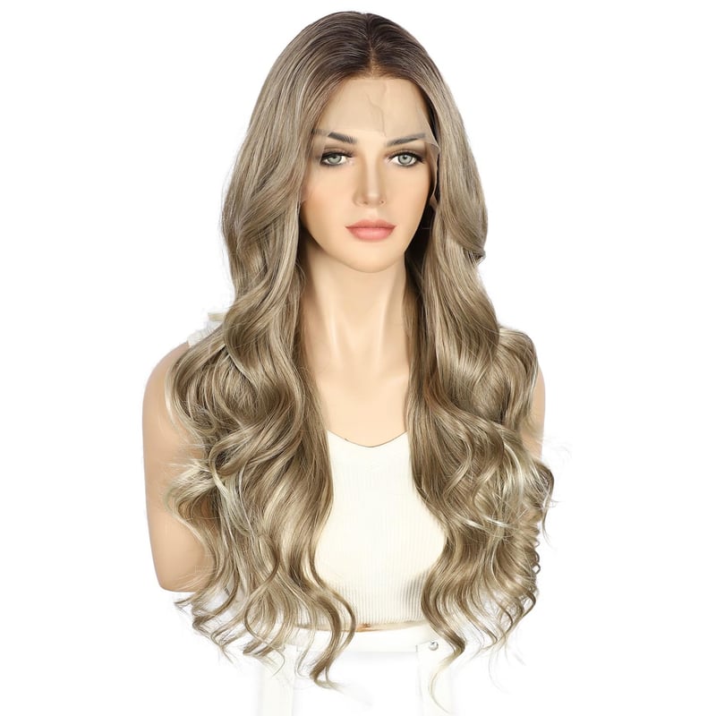 Sapphirewigs Barna Melírozott Csipke Első Paróka - Hullámos Szintetikus Haj, 66 cm, 150% Sűrűség, Természetes Megjelenés, Átlátszó Csipke
