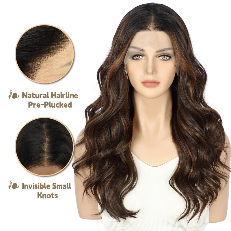 Sapphirewigs Csokoládébarna Hullámos Paróka - 13x4 Csipke Elülső Szintetikus Haj, 56 cm, Hőálló, 150% Sűrűség, Előtépett, Napi és Alkalmi Vi