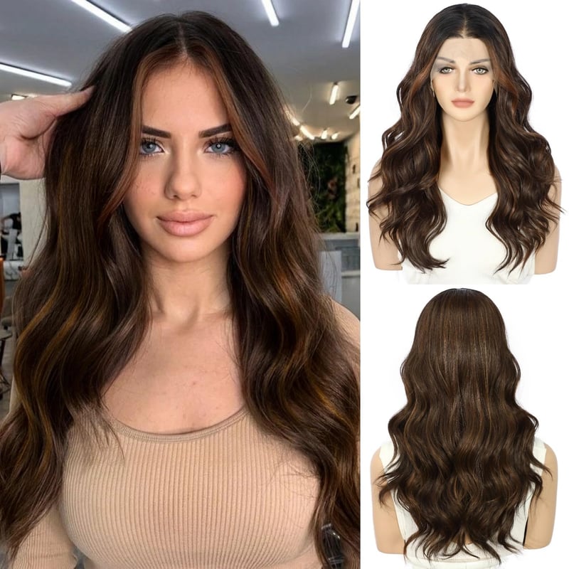Sapphirewigs Csokoládébarna Hullámos Paróka - 13x4 Csipke Elülső Szintetikus Haj, 56 cm, Hőálló, 150% Sűrűség, Előtépett, Napi és Alkalmi Vi