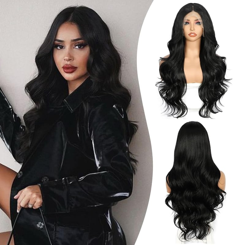 Sapphirewigs fekete csipke előhúzású szintetikus paróka hullám 33x10cm - 1B Black