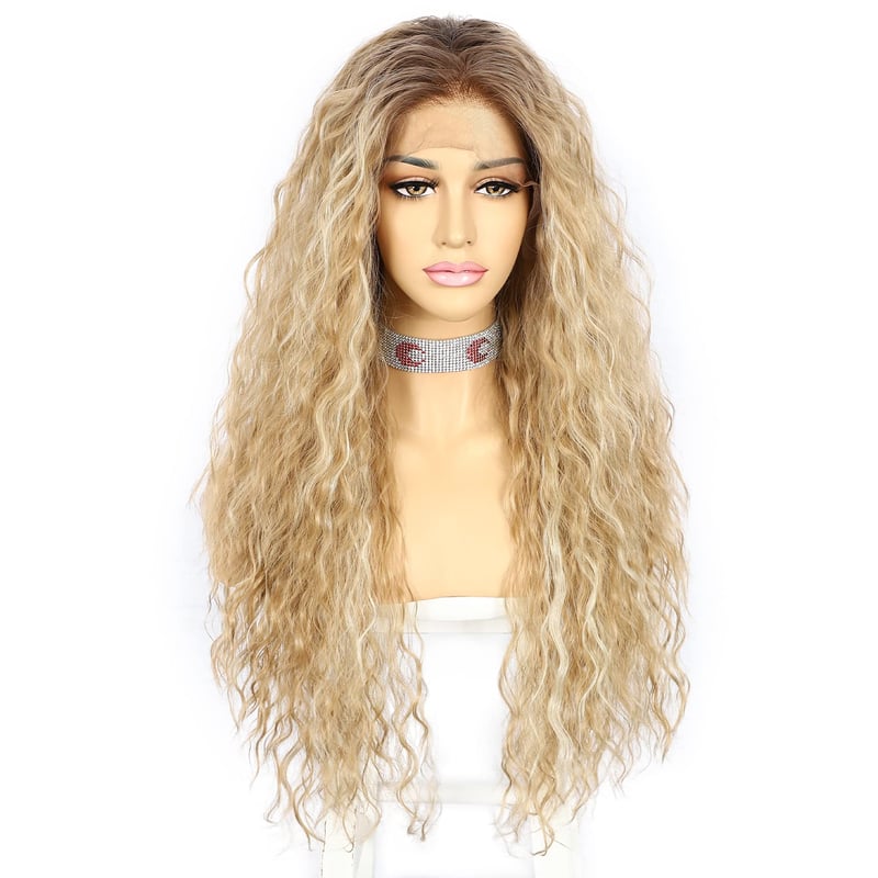 Sapphirewigs Göndör Parókák Nőknek - Ombre Szőke Csipke Elöl Paróka 13x3cm, Hőálló Szintetikus Haj 66cm, 150% Sűrűség, Napi Viseletre