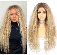 Sapphirewigs Göndör Parókák Nőknek - Ombre Szőke Csipke Elöl Paróka 13x3cm, Hőálló Szintetikus Haj 66cm, 150% Sűrűség, Napi Viseletre 1