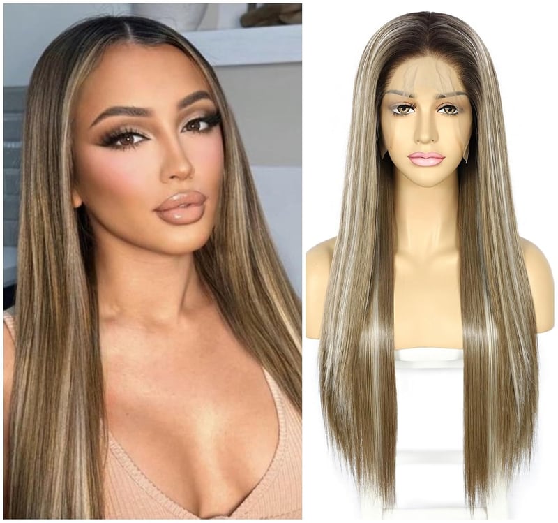 Sapphirewigs Hosszú Egyenes Barna Paróka Melírozott Szintetikus Hajjal - 13x6 Csipke Első Rész, Hőálló, 66 cm, 150% Dússág, Alkalmi Viseletr