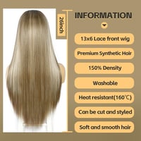 Sapphirewigs Hosszú Egyenes Barna Paróka Melírozott Szintetikus Hajjal - 13x6 Csipke Első Rész, Hőálló, 66 cm, 150% Dússág, Alkalmi Viseletr 2