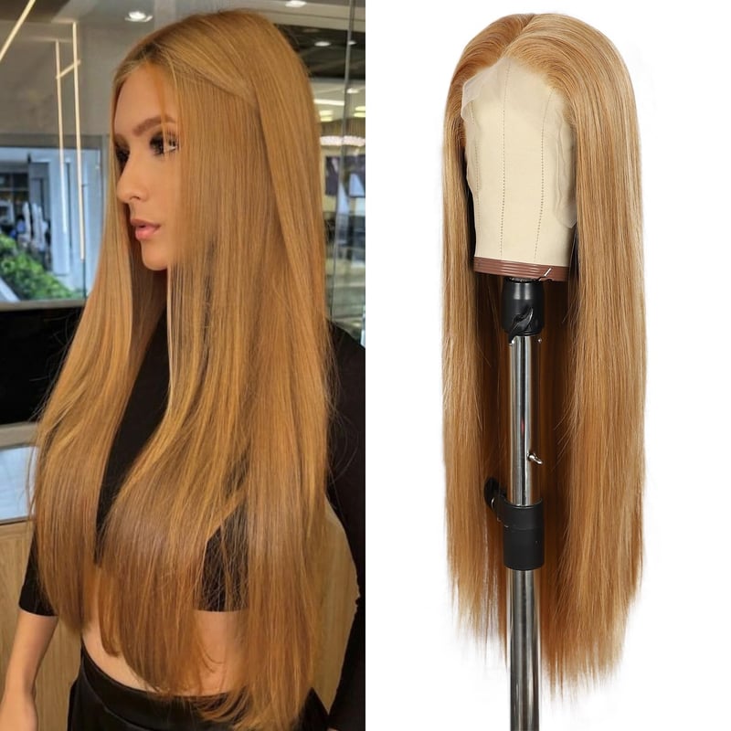 Sapphirewigs Hosszú Egyenes Paróka - Sárgásbarna, 66 cm, Hőálló Szintetikus Haj, 13x6 Csipke Előrész, 150% Dússág, Partikra és Hétköznapi Vi