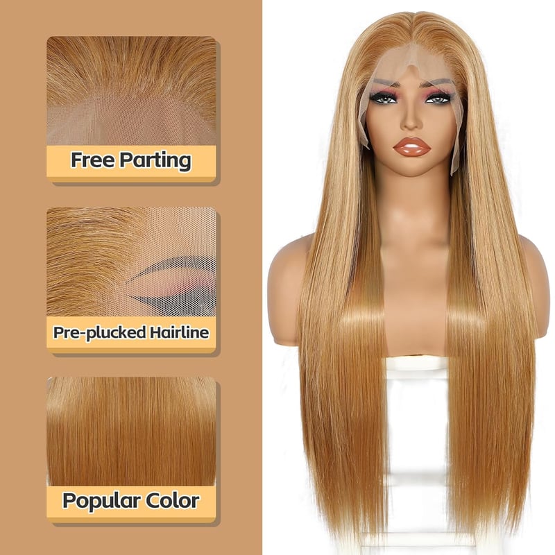 Sapphirewigs Hosszú Egyenes Paróka - Sárgásbarna, 66 cm, Hőálló Szintetikus Haj, 13x6 Csipke Előrész, 150% Dússág, Partikra és Hétköznapi Vi