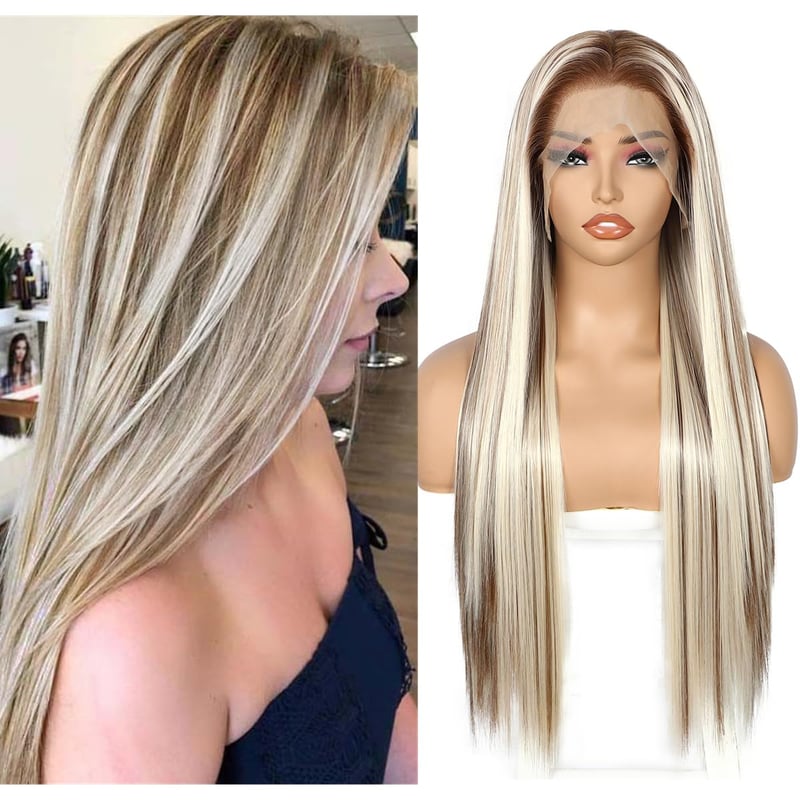 Sapphirewigs Hosszú Egyenes Szőke Paróka Melírozott - 13x6 Csipke Első Műhaj, 66 cm, Hőálló, 150% Dússág, Napi és Alkalmi Viseletre