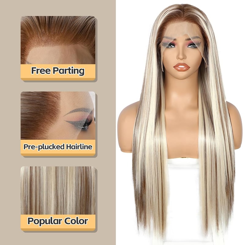 Sapphirewigs Hosszú Egyenes Szőke Paróka Melírozott - 13x6 Csipke Első Műhaj, 66 cm, Hőálló, 150% Dússág, Napi és Alkalmi Viseletre