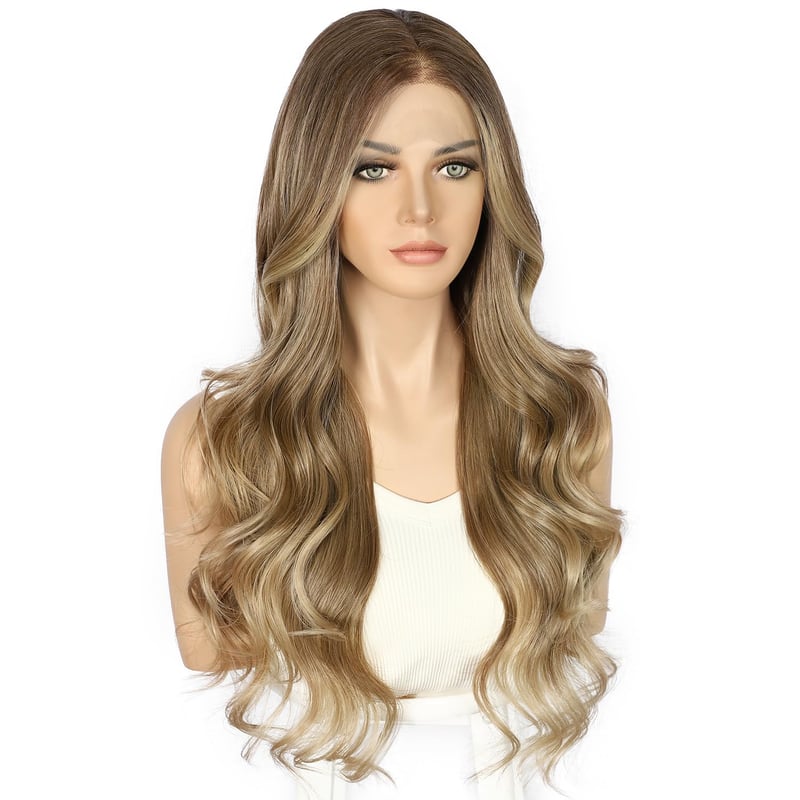 Sapphirewigs Ombre Parókák - Világosbarna Hullámos Műhaj, 66 cm, Balayage Hatású Csipke Első Paróka, 150% Sűrűség, Természetes Megjelenés