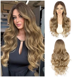 Sapphirewigs Peruci Ombre - Păr Sintetic Ondulat Șaten Deschis, 66 cm, Peruci Frontale din Dantelă cu Efect Balayage, Densitate 150%, Aspect Natural