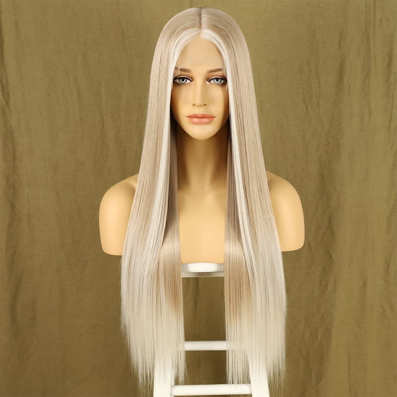 Sapphirewigs Ombre Szőke Hosszú Egyenes Paróka - Csipke Elülső, Japán Szintetikus Haj, Hőálló, 66 cm, 150% Dússág