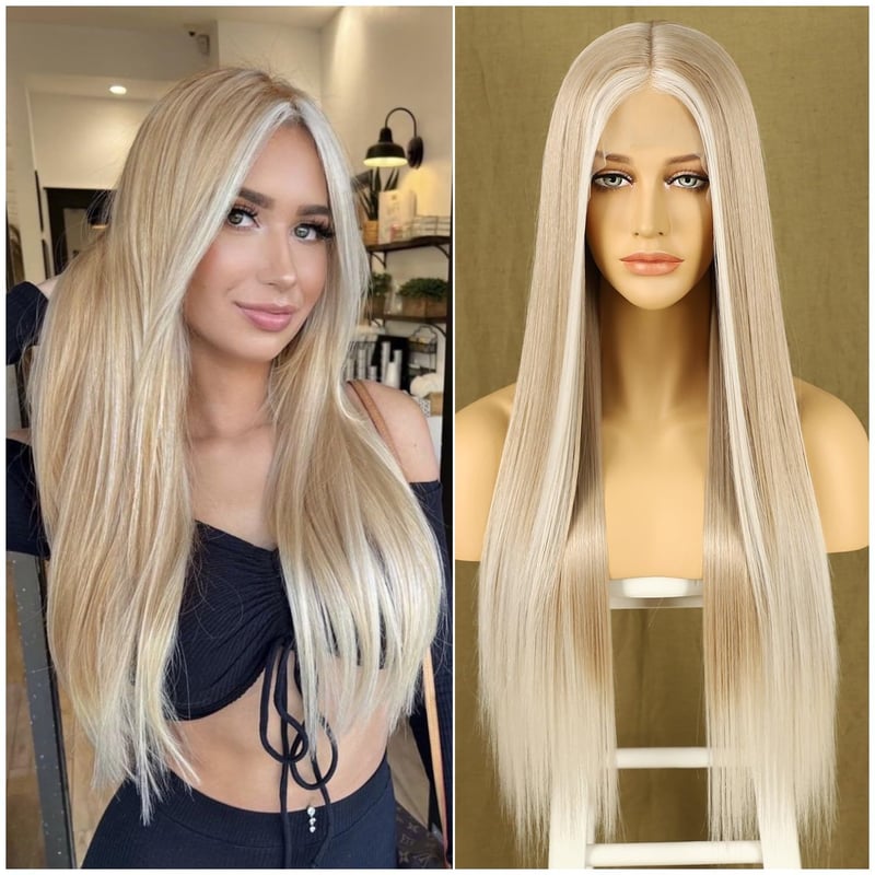 Sapphirewigs Ombre Szőke Hosszú Egyenes Paróka - Csipke Elülső, Japán Szintetikus Haj, Hőálló, 66 cm, 150% Dússág