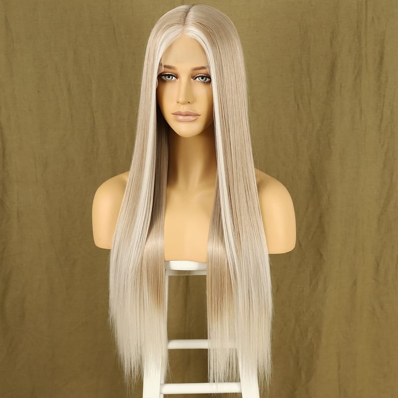 Sapphirewigs Ombre Szőke Hosszú Egyenes Paróka - Csipke Elülső, Japán Szintetikus Haj, Hőálló, 66 cm, 150% Dússág