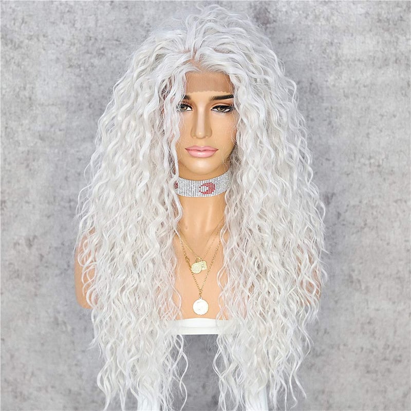 Sapphirewigs Platinaszőke Göndör Csipke Elülső Paróka Nőknek 66cm - gray