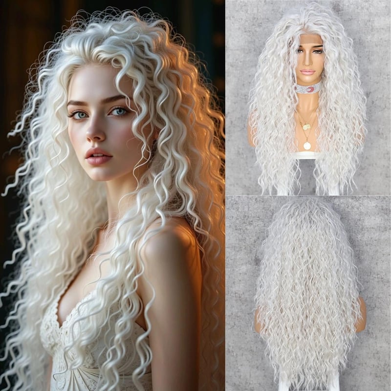Sapphirewigs Platinaszőke Göndör Csipke Elülső Paróka Nőknek 66cm - gray