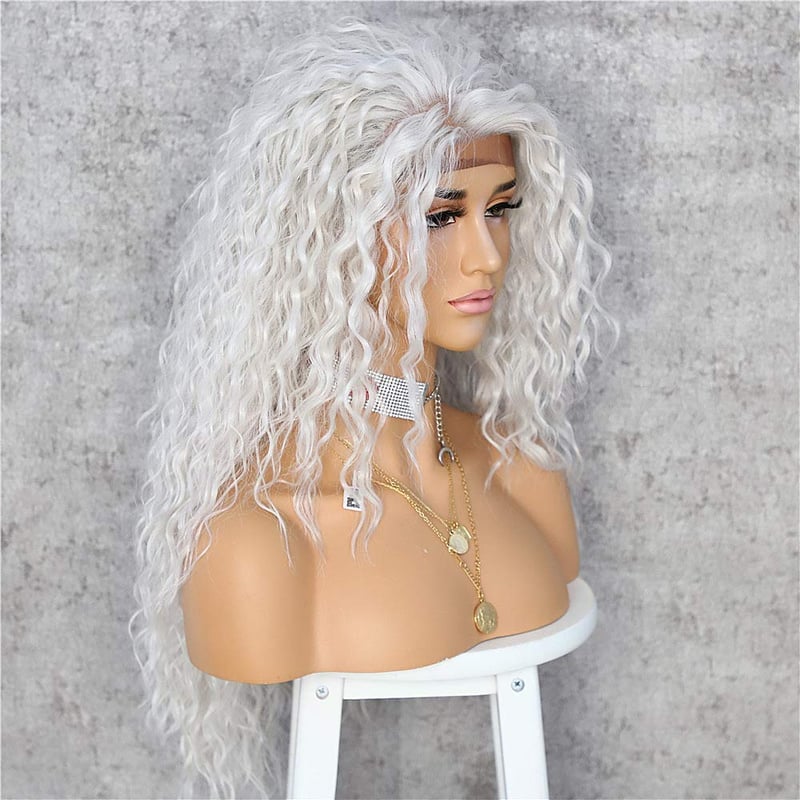 Sapphirewigs Platinaszőke Göndör Csipke Elülső Paróka Nőknek 66cm - gray