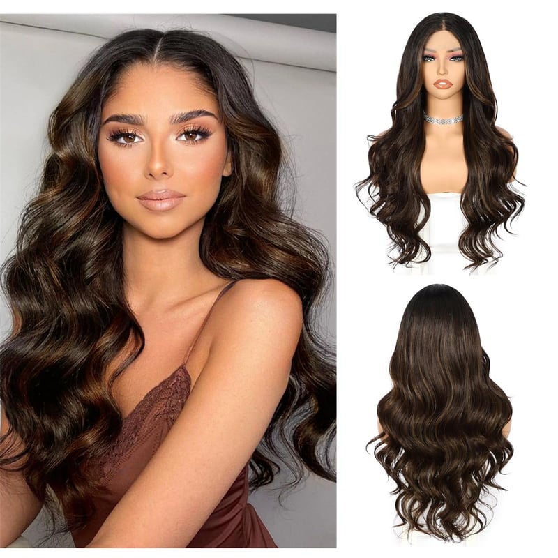 Sapphirewigs Sötétbarna Balayage Paróka - 13x4 Csipke Előrész, 66 cm Hosszú Hullámos Szintetikus Haj, Természetes Hatású, Napi Viseletre - dark brown