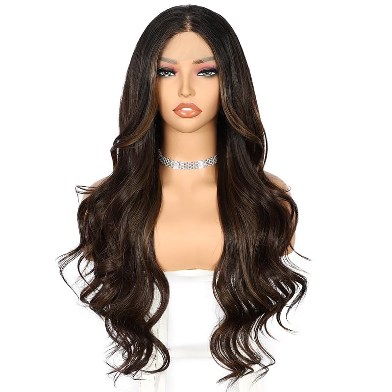 Sapphirewigs Sötétbarna Balayage Paróka - 13x4 Csipke Előrész, 66 cm Hosszú Hullámos Szintetikus Haj, Természetes Hatású, Napi Viseletre - dark brown