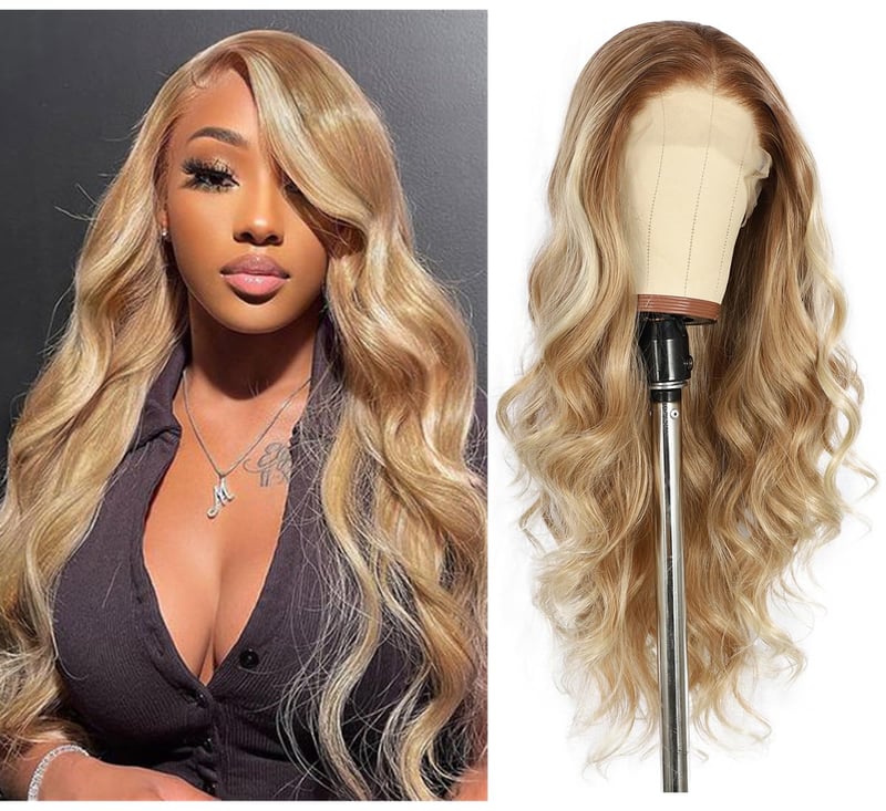 Sapphirewigs Szőke Melírozott Paróka - 66 cm Hullámos Műhaj Balayage Hatással, Csipke Első Rész, Hőálló Szintetikus Rost, Természetes Megjel