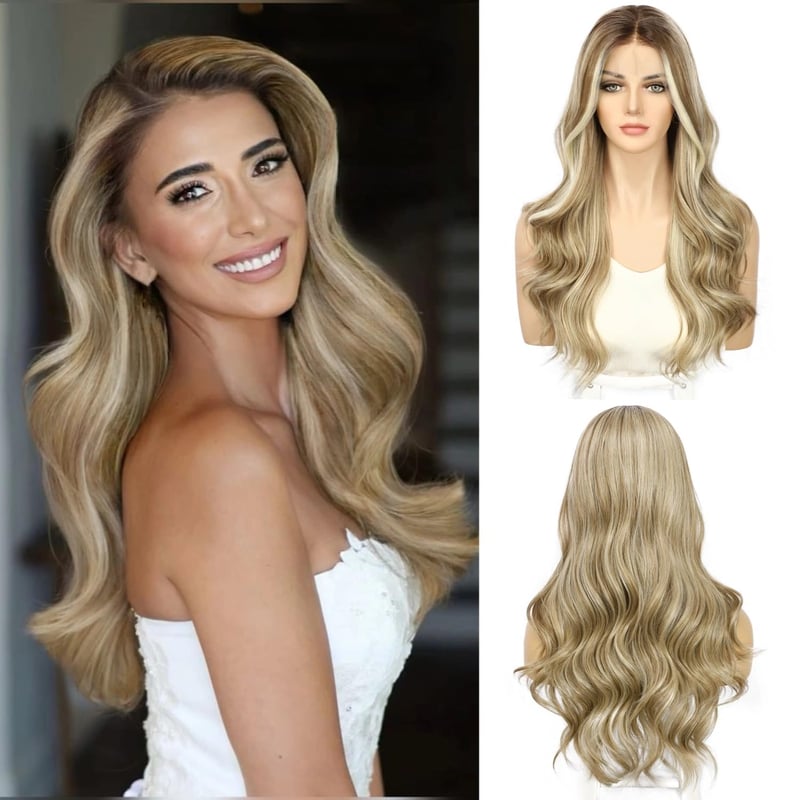Sapphirewigs Szőke Paróka 13x4 Csipke Előlappal - Hullámos, Melírozott Műhaj, Előre Tépett, 56 cm, Ragasztómentes