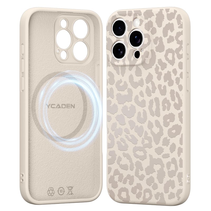 Saqmkil iPhone 15 Pro 6,1" MagSafe kompatibilný kryt, leopardí vzor, béžový tekutý silikón, TPU nárazuvzdorný ochranný kryt proti poškriabaniu