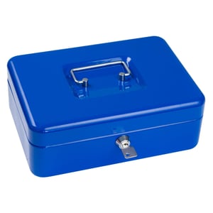 Casetă de valori Sax 25x18x9 cm albastră, cu tăviță pentru monede, încuietoare cu cheie - oțel — piesă de plastic ruptă la compartimentul pentru bani (stare: vezi a 2-a fotografie)