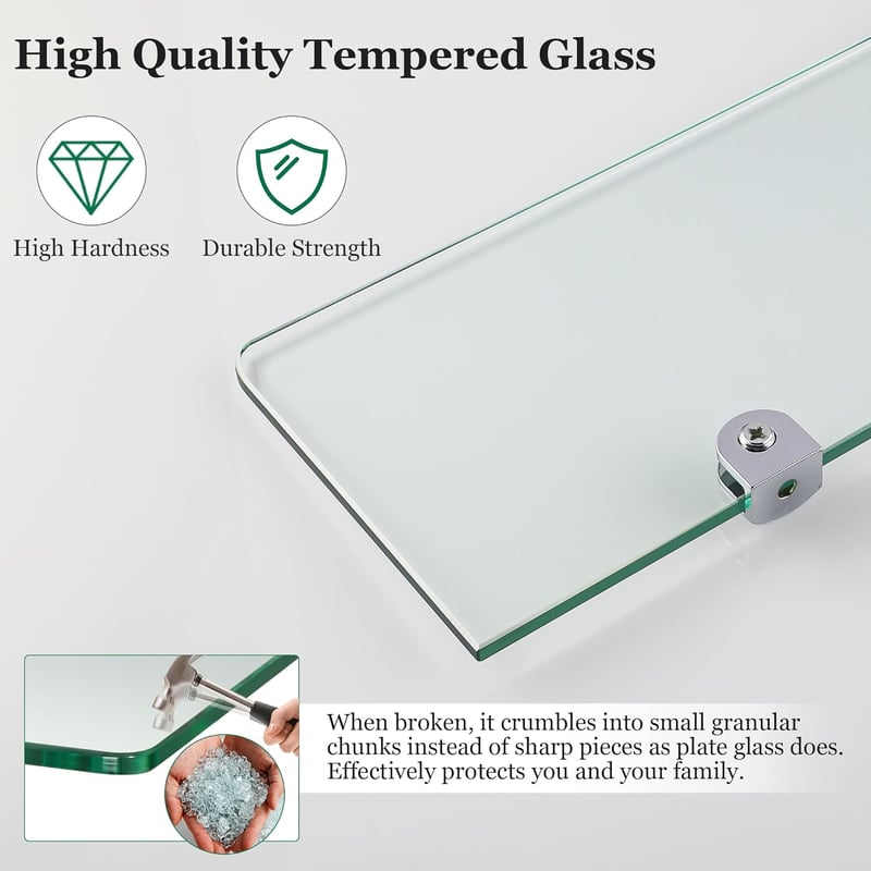 SAYAYO fürdőszobai üvegpolc 30 cm vastag 6 mm-es téglalap alakú polc - 30cm, Transparent