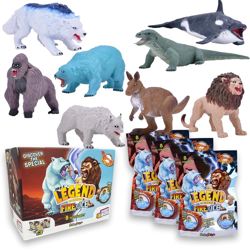 #sbabam Legend of Animals Fire vs Ice Naťahovacie zvieratká Funny Box 3 ks figúrok Gorila, Kosatka, Lev, Medveď detská hračka