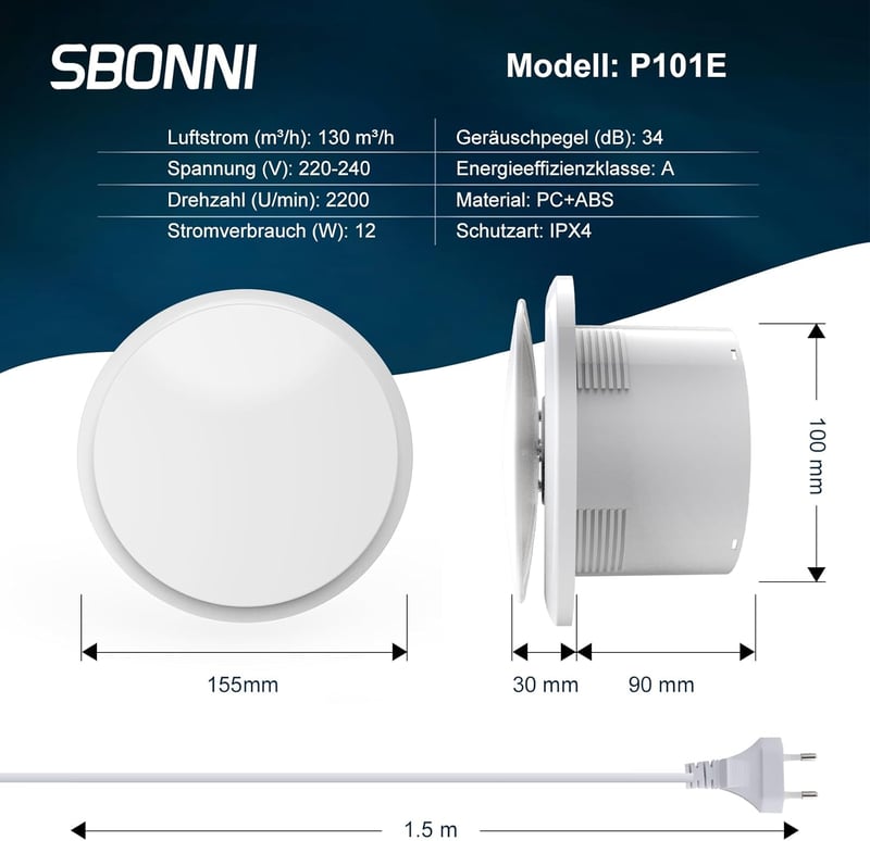SBONNI 100mm Csendes Fürdőszobai Ventilátor 130 m³/h Erős Szellőztetés