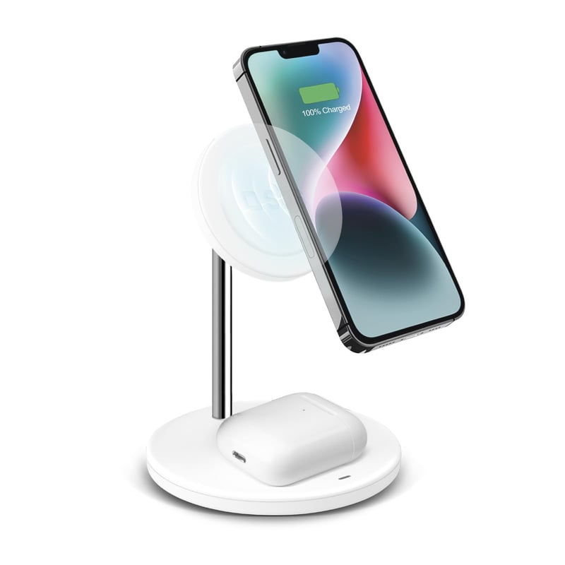 Bezdrôtová nabíjacia stanica SBS 2 v 1, 15W rýchlonabíjanie, MagSafe, magnetické nabíjanie smartfónu 15W a slúchadiel 5W, systém ADS, biela