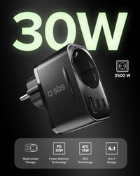 SBS Multi-aljzat elosztó USB-C és USB-A, Schuko átalakító 3500W, 30W gyorstöltés - PD 30W 2