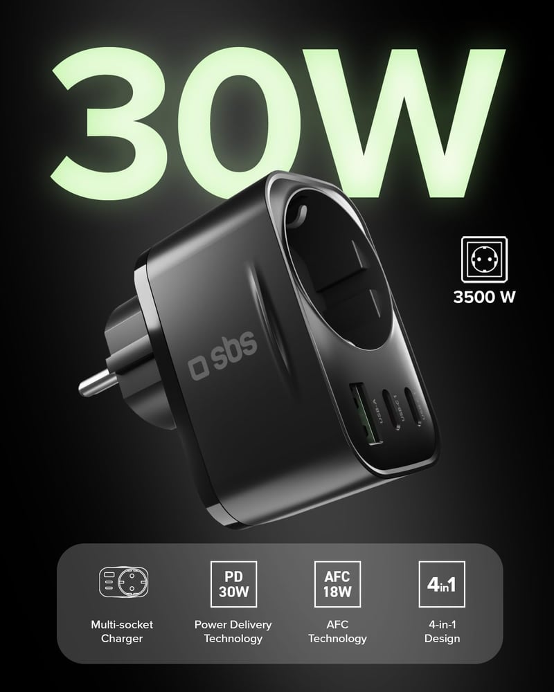 SBS Multi-aljzat elosztó USB-C és USB-A, Schuko átalakító 3500W, 30W gyorstöltés - PD 30W