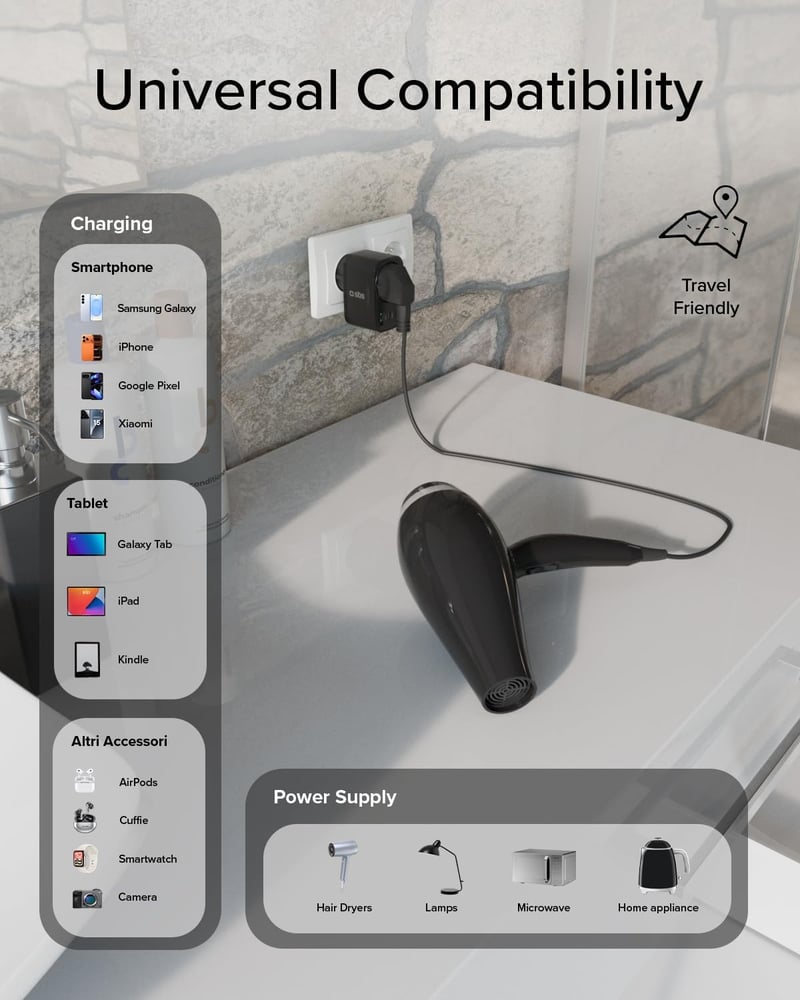 SBS Multi-aljzat elosztó USB-C és USB-A, Schuko átalakító 3500W, 30W gyorstöltés - PD 30W