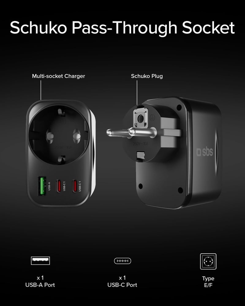 SBS Multi-aljzat elosztó USB-C és USB-A, Schuko átalakító 3500W, 30W gyorstöltés - PD 30W